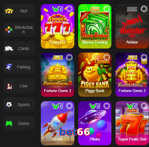 Main screen of Bet66 game page for PK players
